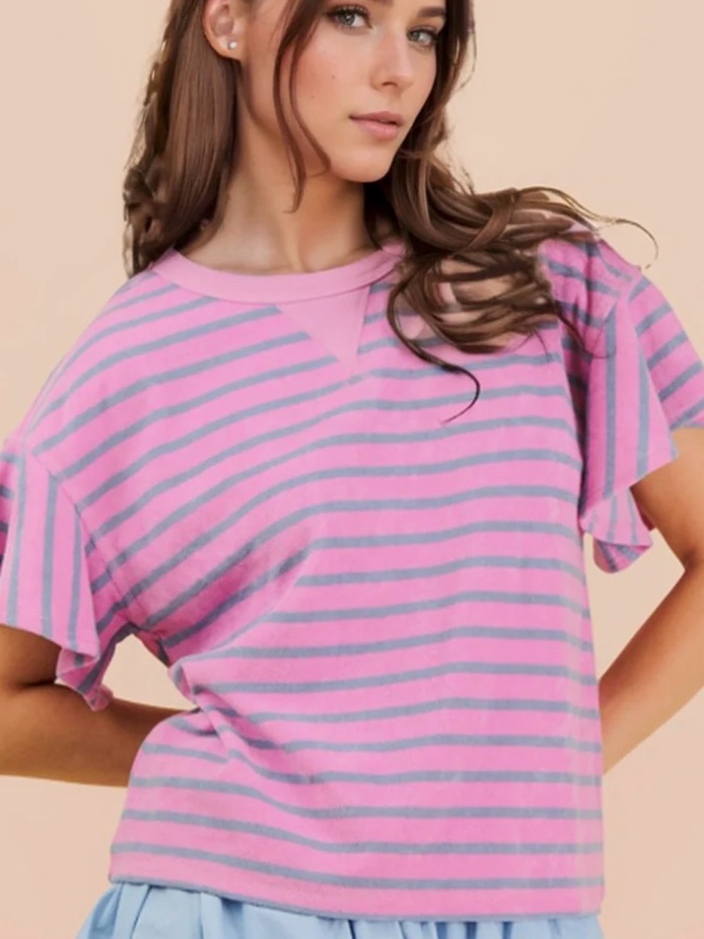 NWT Very J Newin Ruffle Sleeve Striped Knit Top Size M